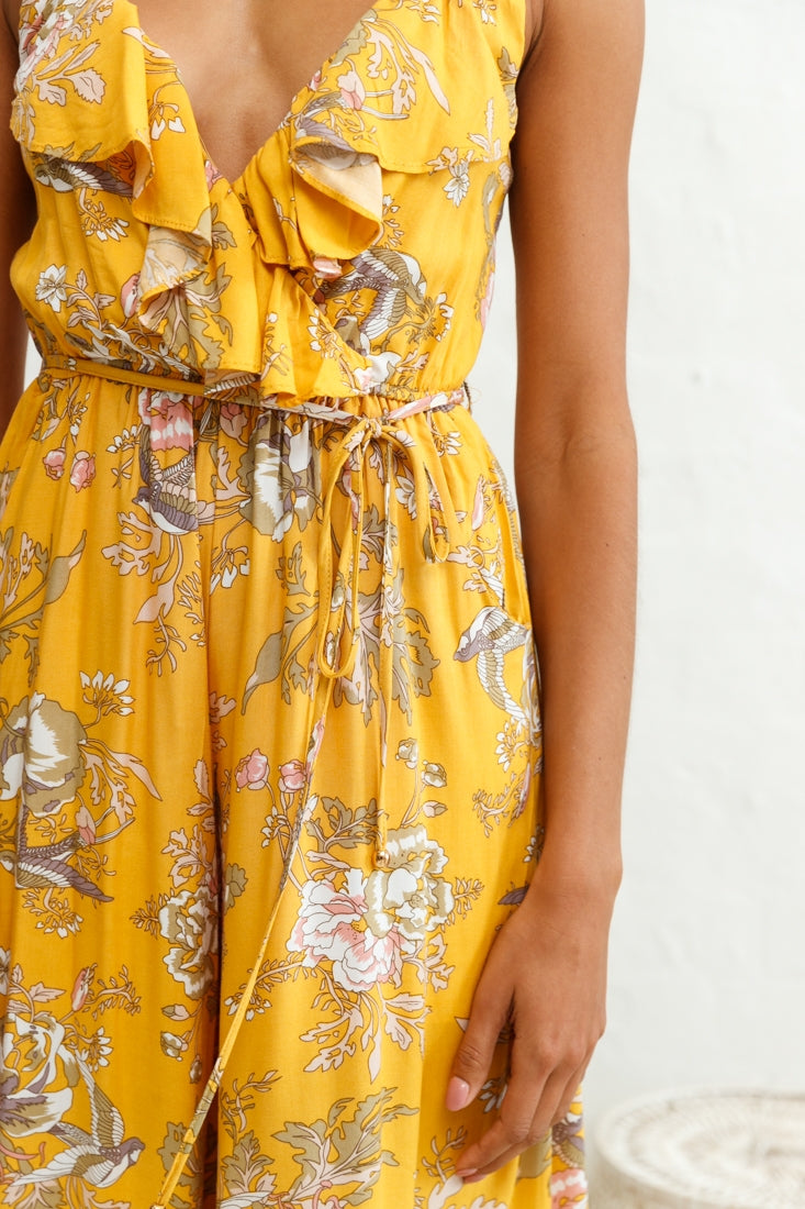 Melita Ruffle V-Neckline Jumpsuit Mustard Print by Selfie Leslie