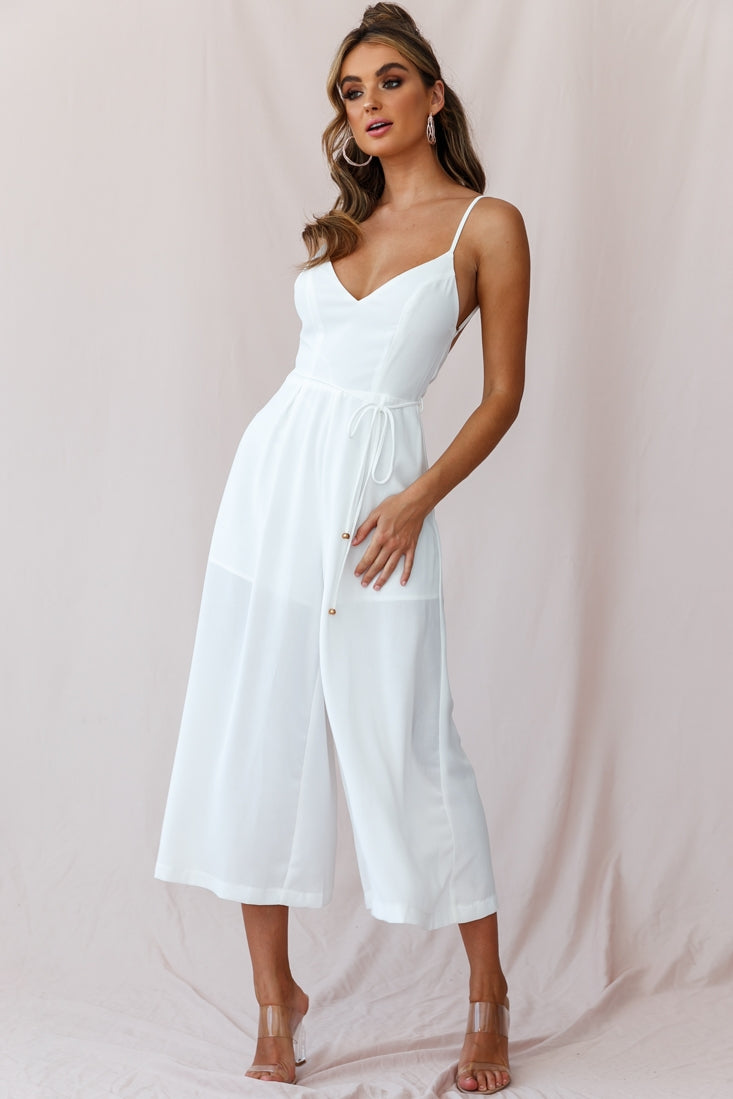 Brighton Low Back Wide Leg Jumpsuit White | Selfie Leslie