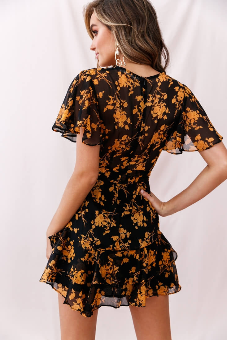 Kerry Layered Angel Sleeve Dress Black/Orange Flower by Selfie Leslie