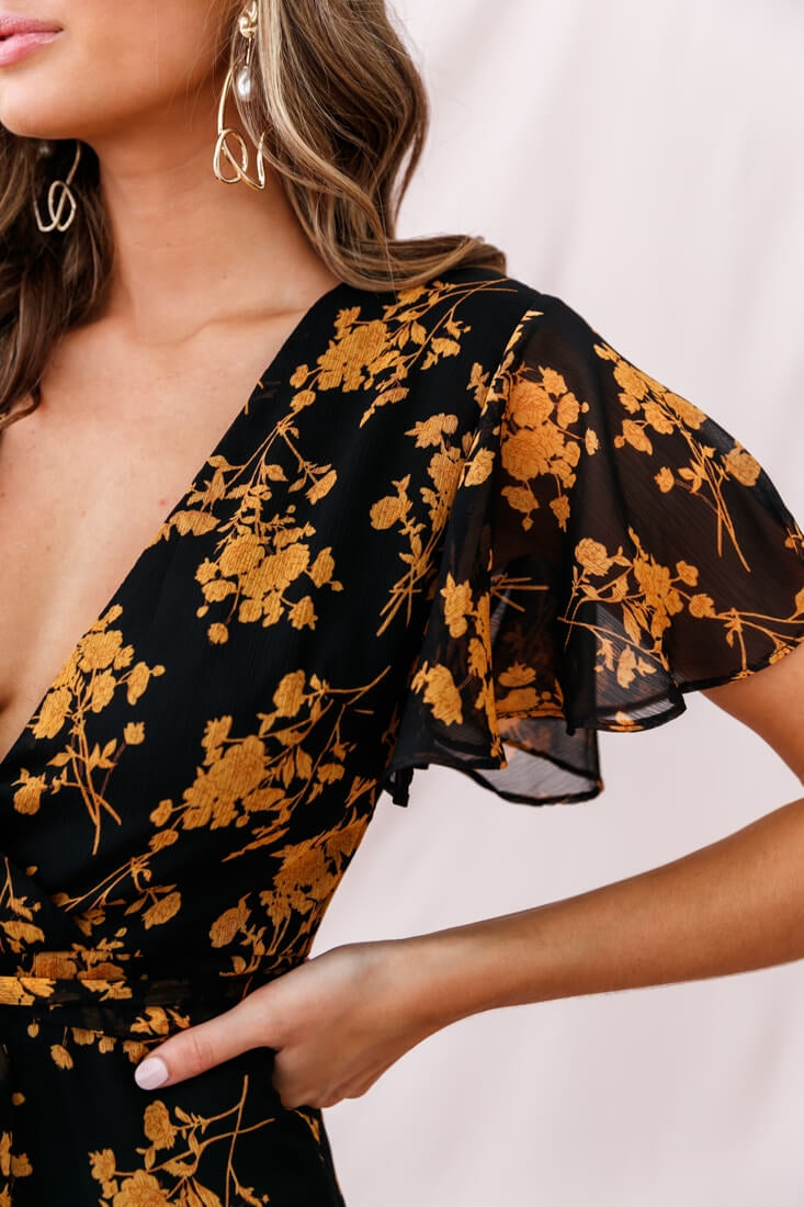 Kerry Layered Angel Sleeve Dress Black/Orange Flower by Selfie Leslie