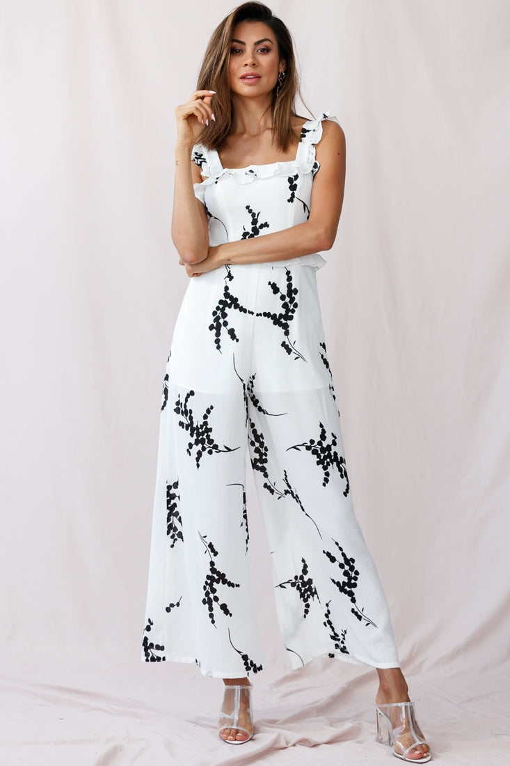 Azure Frill Strap Wide Leg Jumpsuit Floral Print White by Selfie Leslie