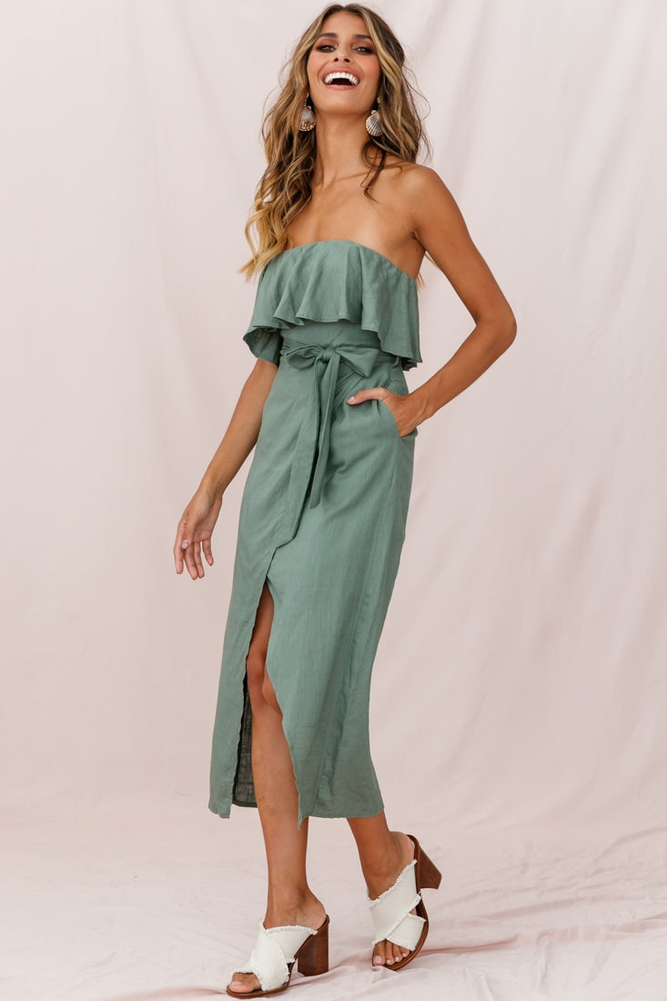 Hamilton Bandeau Ruffle Midi Dress Olive by Selfie Leslie