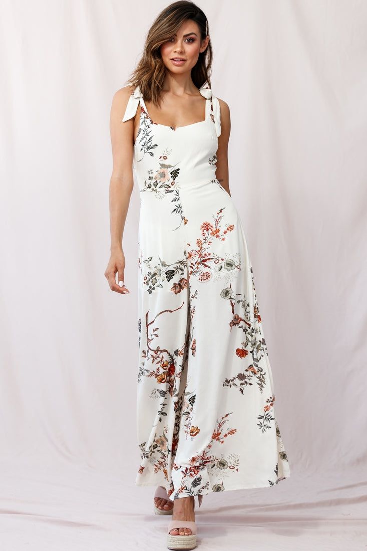Therese Tied-Shoulder Wide Leg Jumpsuit Floral Print Beige by Selfie Leslie
