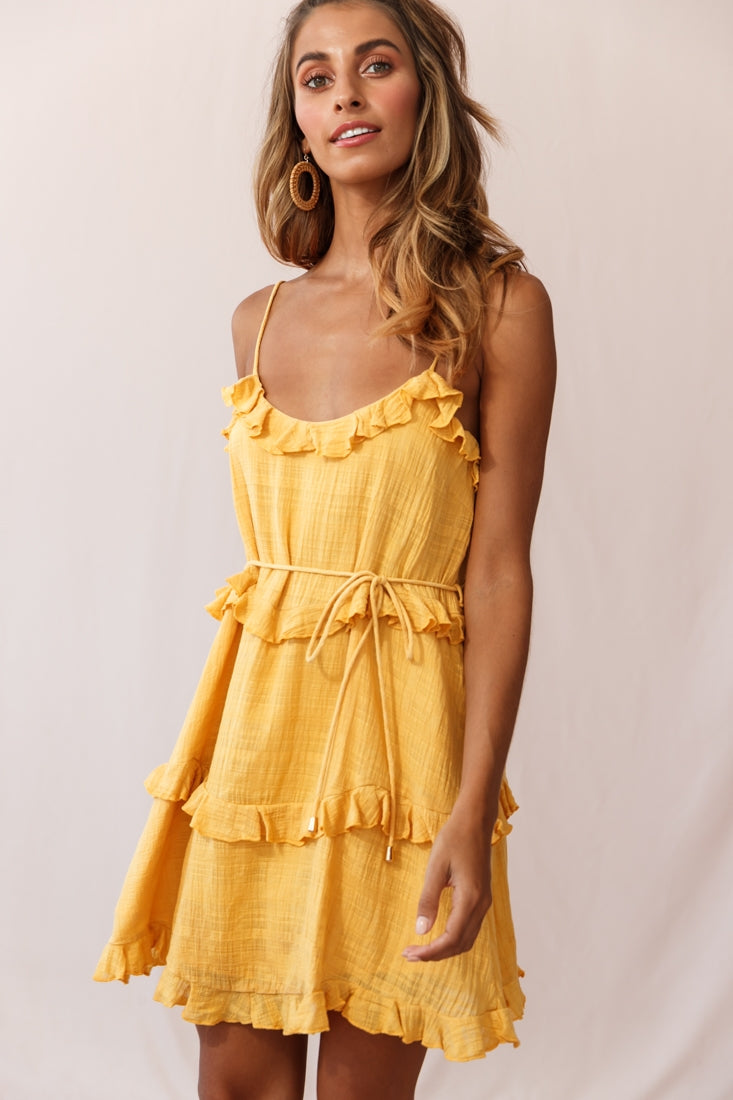 Maria Frill Trim Spaghetti Strap Dress Mustard by Selfie Leslie