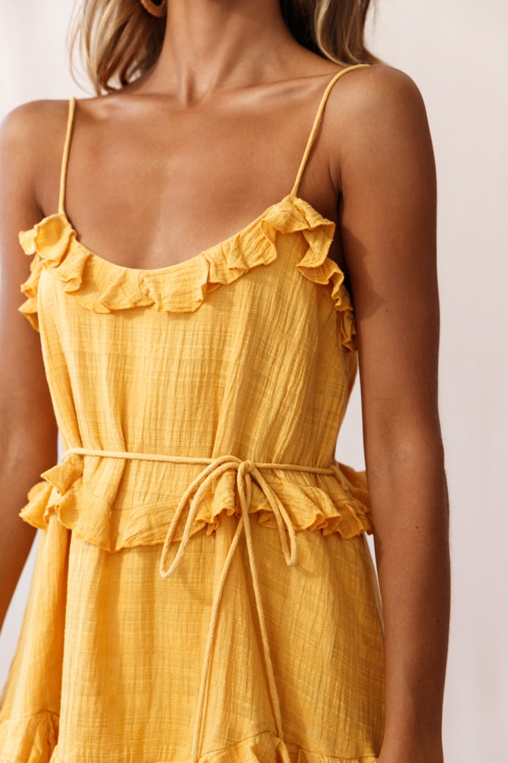 Maria Frill Trim Spaghetti Strap Dress Mustard by Selfie Leslie