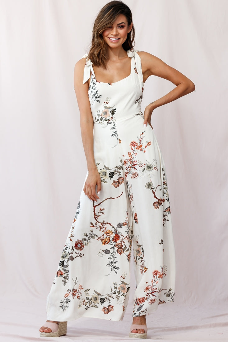 Therese Tied-Shoulder Wide Leg Jumpsuit Floral Print Beige by Selfie Leslie