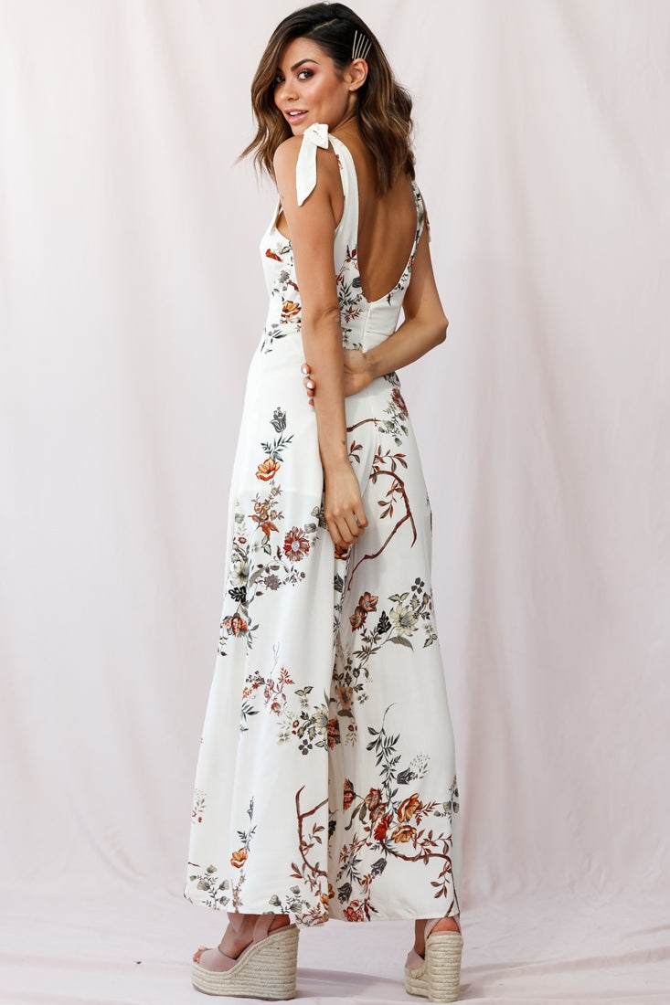 Therese Tied-Shoulder Wide Leg Jumpsuit Floral Print Beige by Selfie Leslie