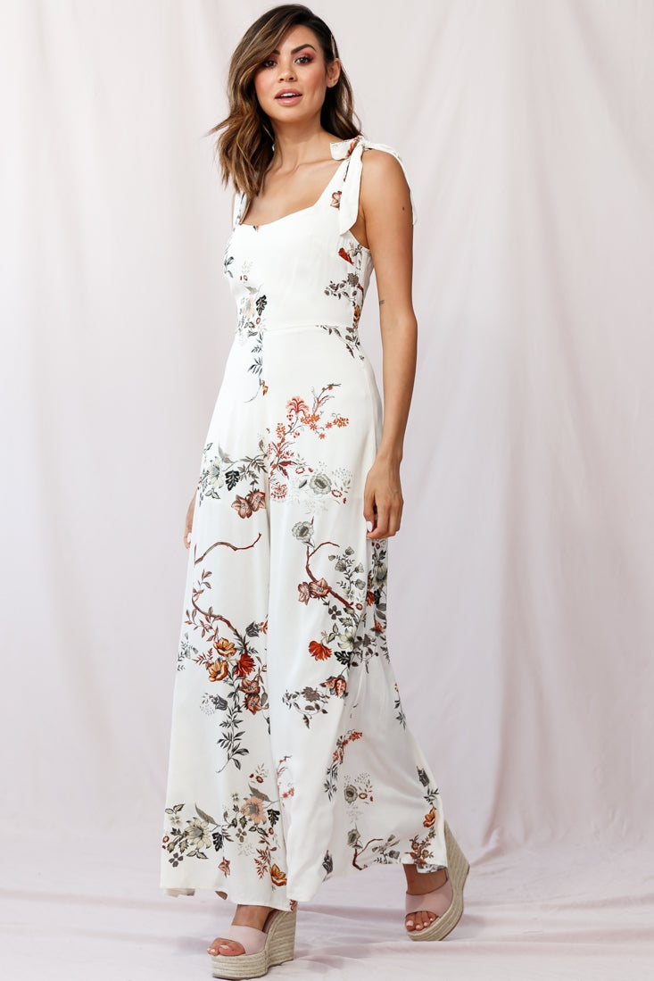 Therese Tied-Shoulder Wide Leg Jumpsuit Floral Print Beige by Selfie Leslie