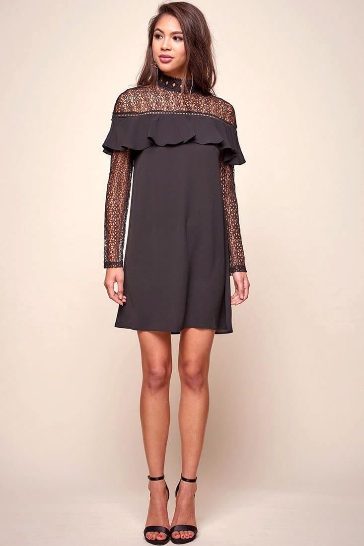 Mendes Lace Detailed High Neck Long Sleeved Dress Black by Selfie Leslie