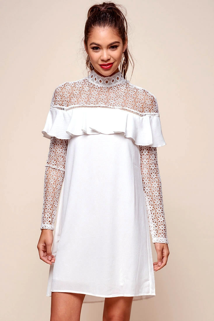 Mendes Lace Detailed High Neck Long Sleeved Dress White by Selfie Leslie