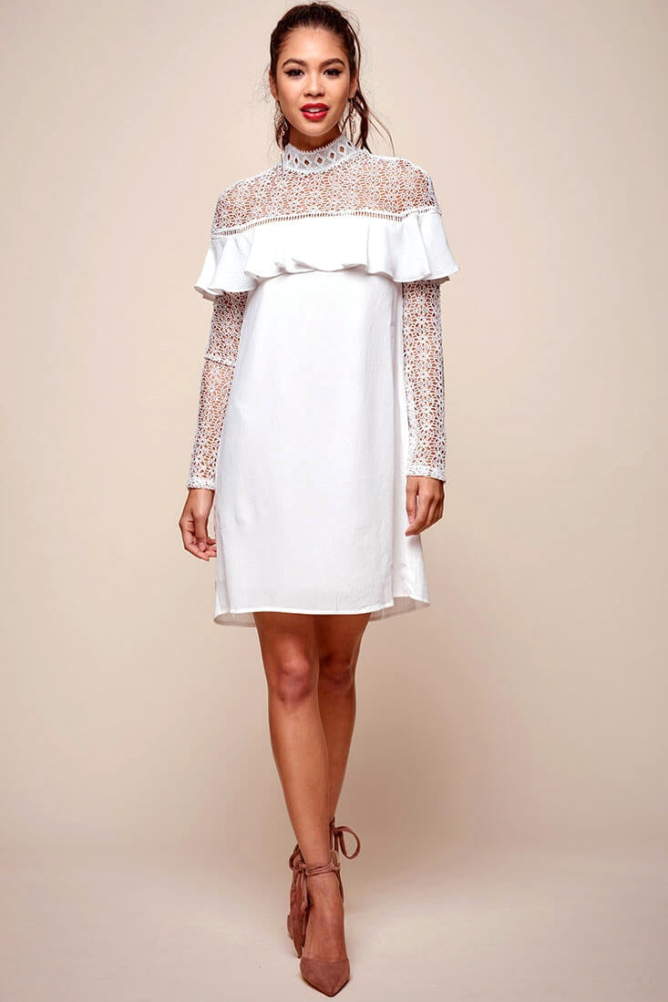 Mendes Lace Detailed High Neck Long Sleeved Dress White by Selfie Leslie