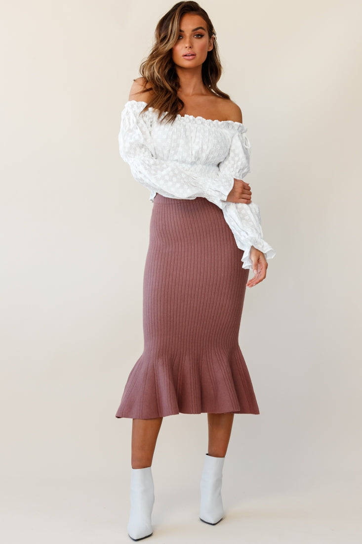 Shalon Ribbed Knit Fluted Hem Midi Skirt Antique Rose by Selfie Leslie