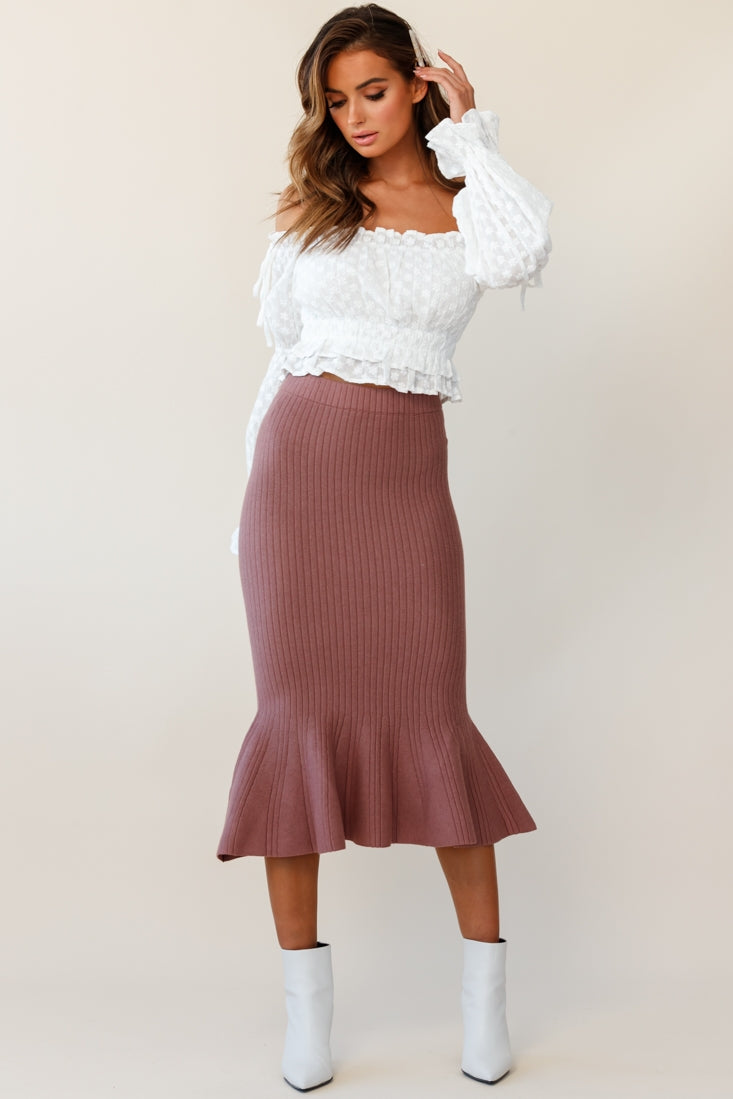 Shalon Ribbed Knit Fluted Hem Midi Skirt Antique Rose by Selfie Leslie
