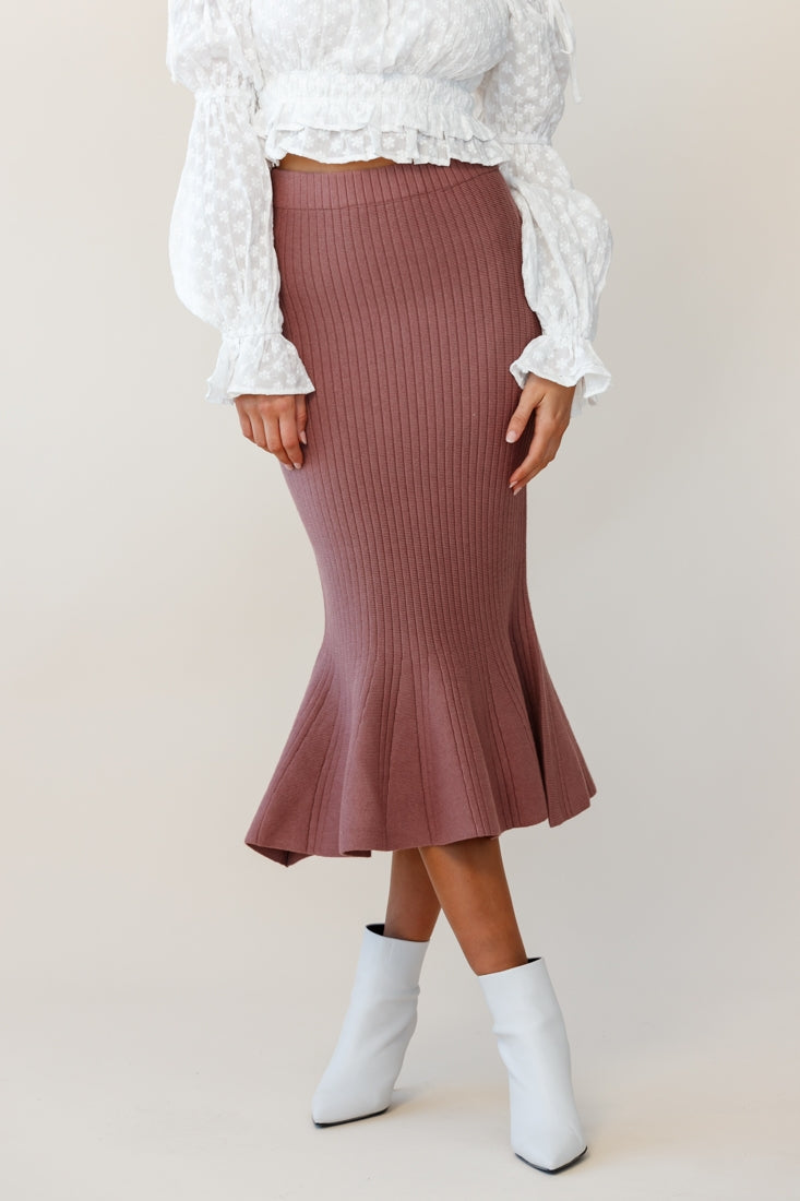 Shalon Ribbed Knit Fluted Hem Midi Skirt Antique Rose by Selfie Leslie