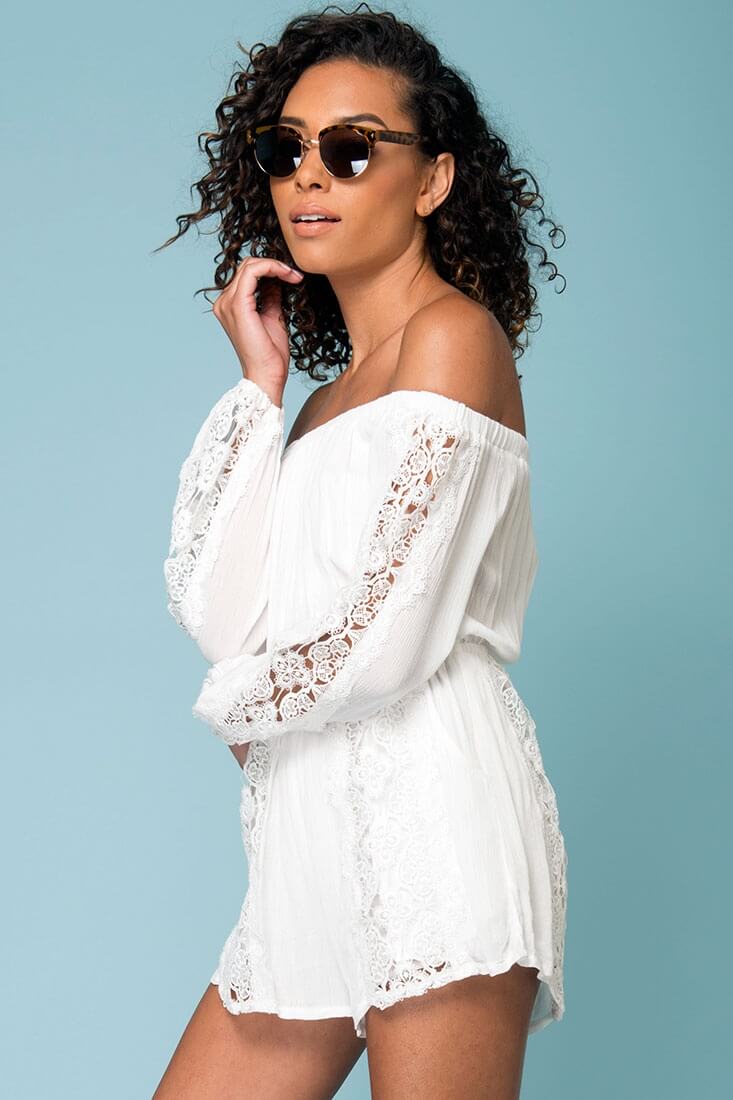 Eliana Off The Shoulder Lace Sleeve Romper White by Selfie Leslie