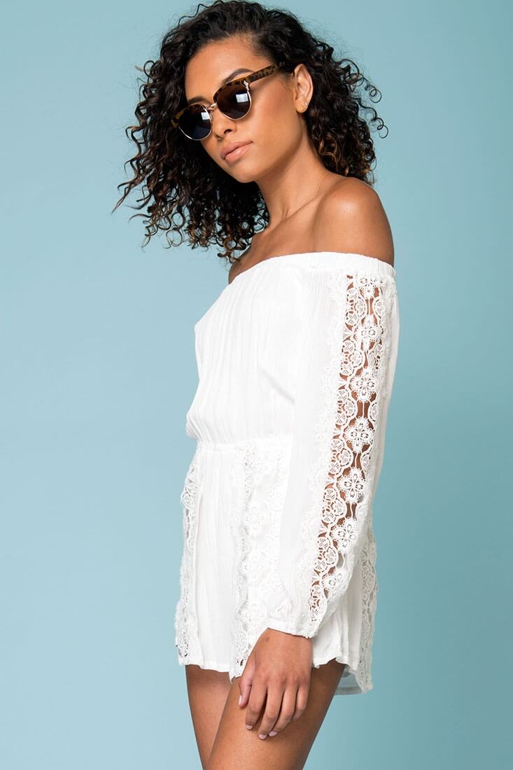 Eliana Off The Shoulder Lace Sleeve Romper White by Selfie Leslie