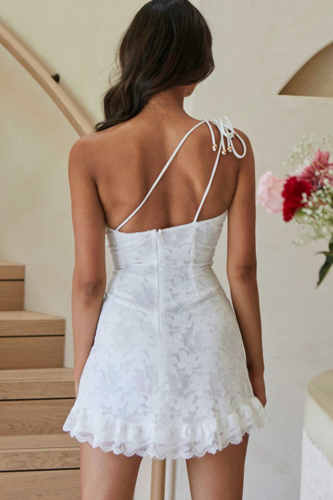 chinese dress ladies Love Divine One-Shoulder Double Strap Mini Dress Lace White– Selfie Leslie