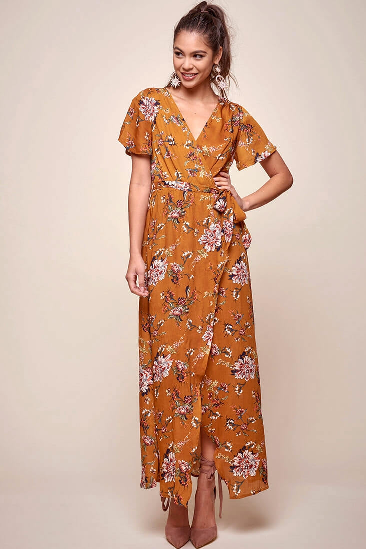 Cheri Floral Wrap Maxi Dress Mustard by Selfie Leslie