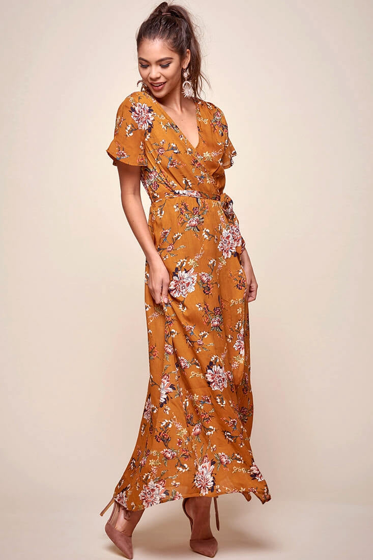 Cheri Floral Wrap Maxi Dress Mustard by Selfie Leslie