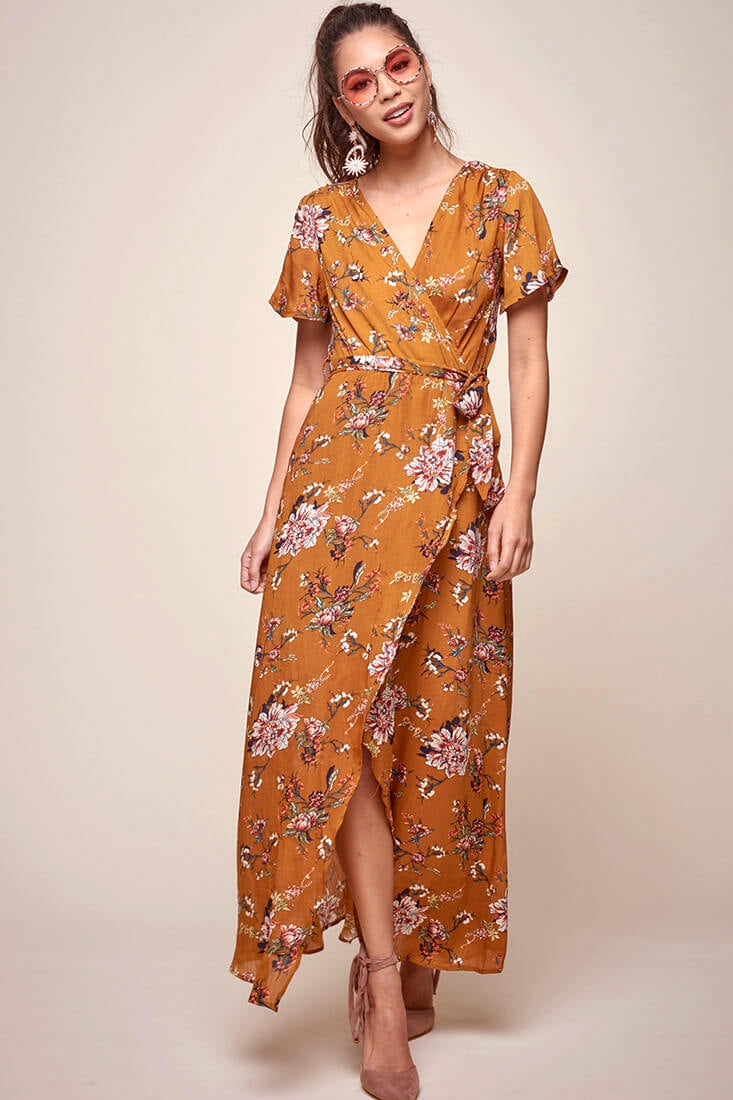Cheri Floral Wrap Maxi Dress Mustard by Selfie Leslie