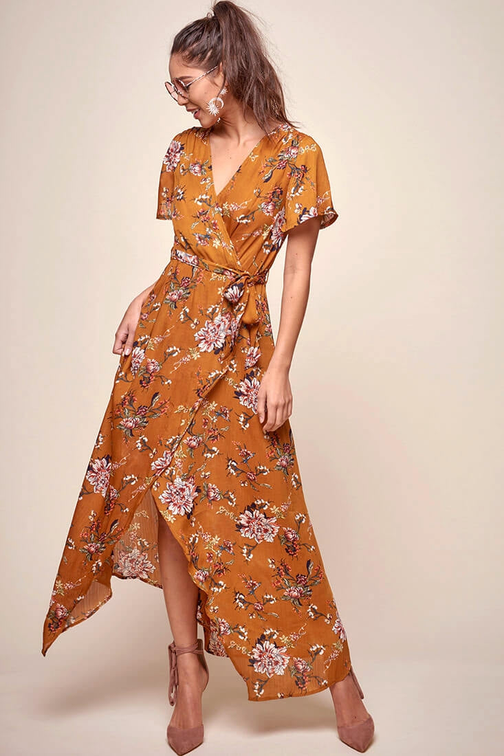 Cheri Floral Wrap Maxi Dress Mustard by Selfie Leslie