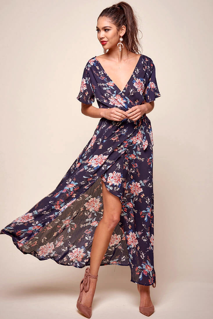 Cheri Floral Wrap Maxi Dress Navy by Selfie Leslie