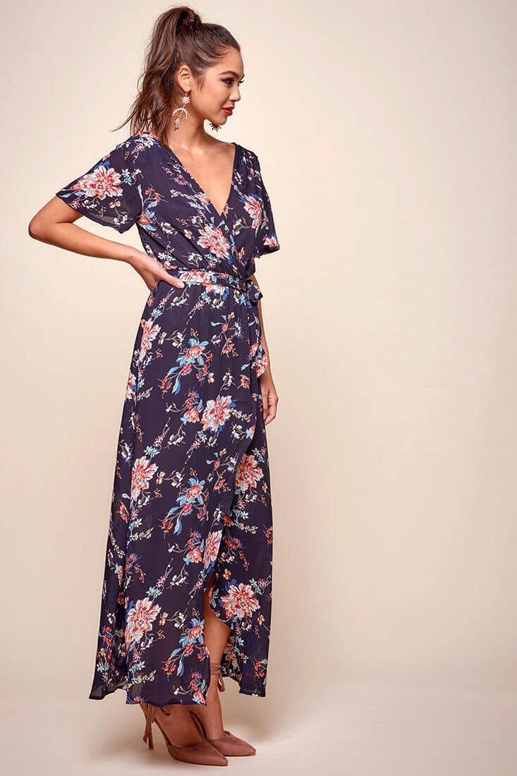 Cheri Floral Wrap Maxi Dress Navy by Selfie Leslie