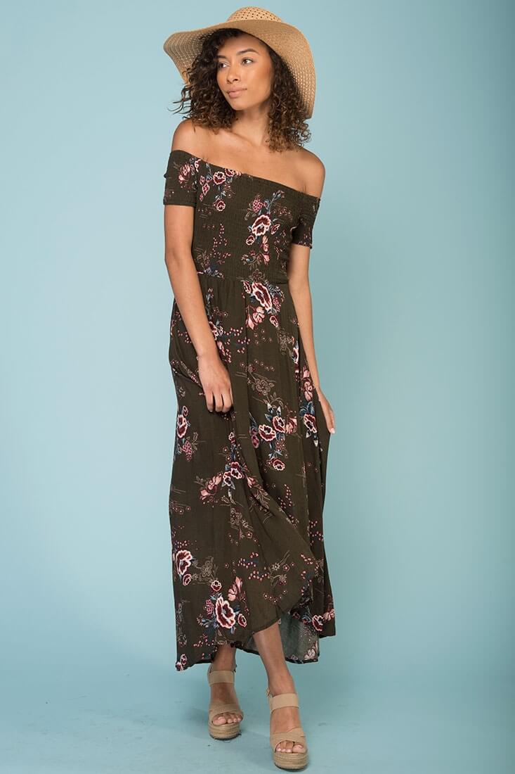 Summer Picnic Floral Print High Low Midi Dress Khaki by Selfie Leslie