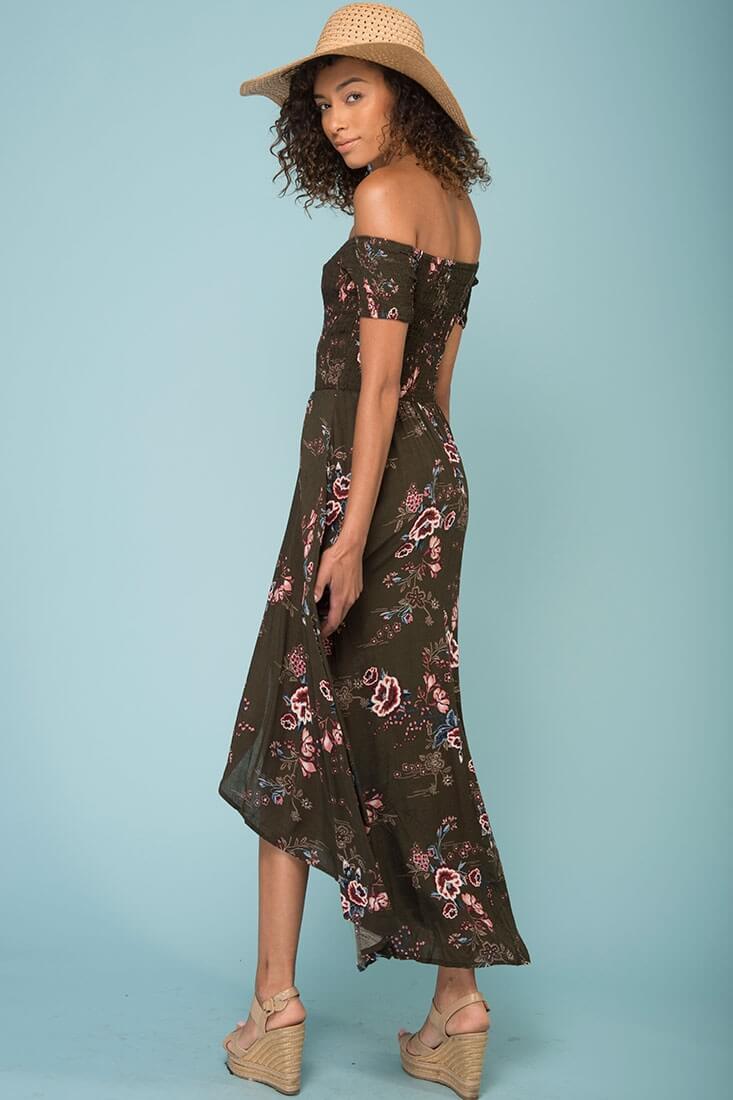 Summer Picnic Floral Print High Low Midi Dress Khaki by Selfie Leslie