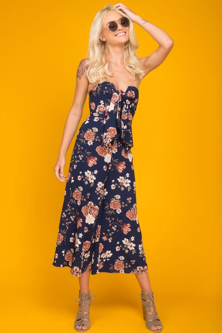 Khloe Floral Summer Bow Tie Jumpsuit Navy by Selfie Leslie
