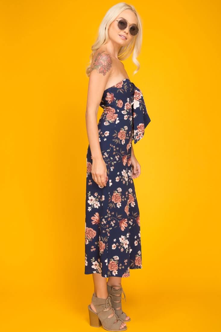 Khloe Floral Summer Bow Tie Jumpsuit Navy by Selfie Leslie