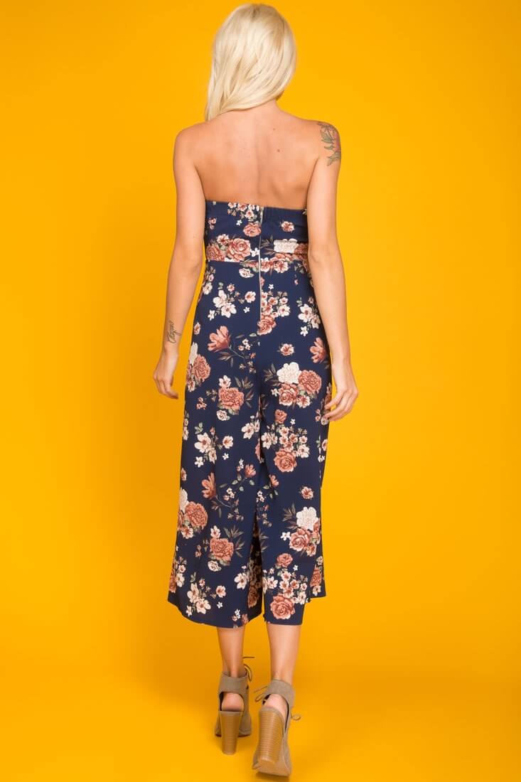 Khloe Floral Summer Bow Tie Jumpsuit Navy by Selfie Leslie