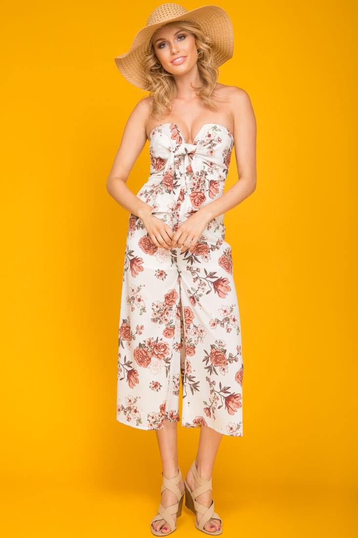 Khloe Floral Summer Bow Tie Jumpsuit White by Selfie Leslie