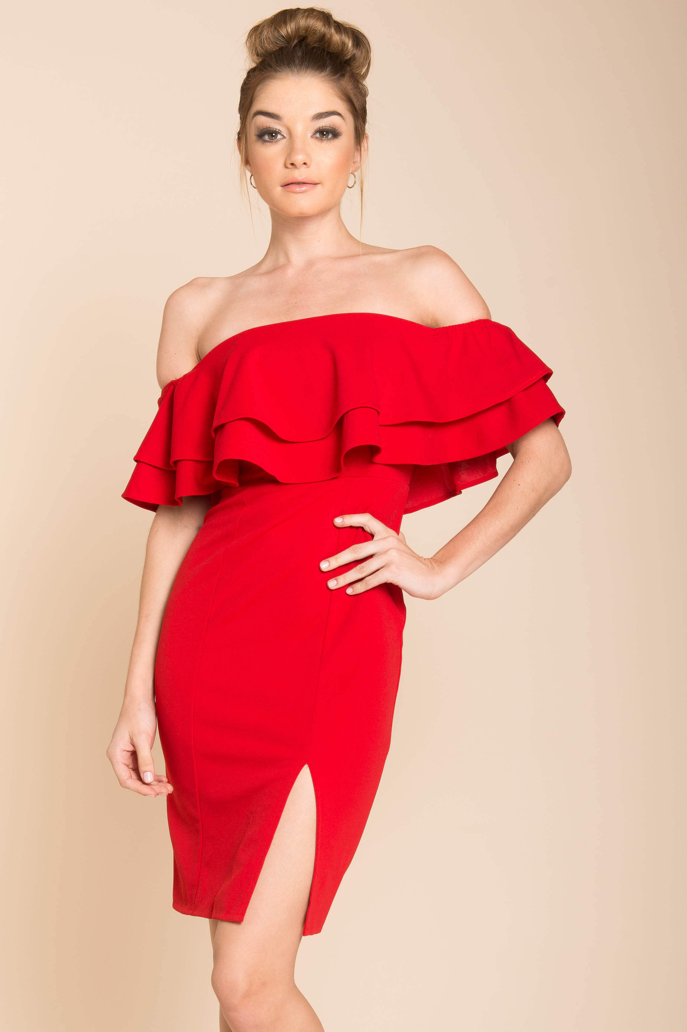 Manilla Ruffle Bodycon Dress Red by Selfie Leslie