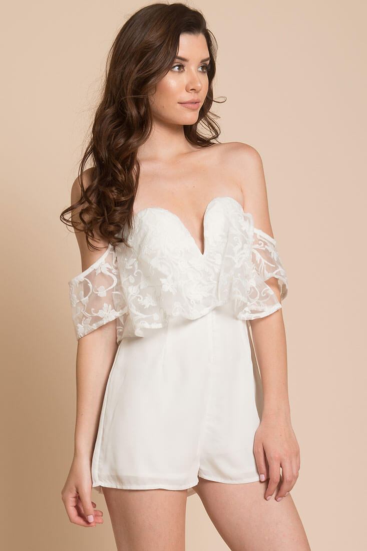 Adeline Lace Open Back Club Party Romper White by Selfie Leslie