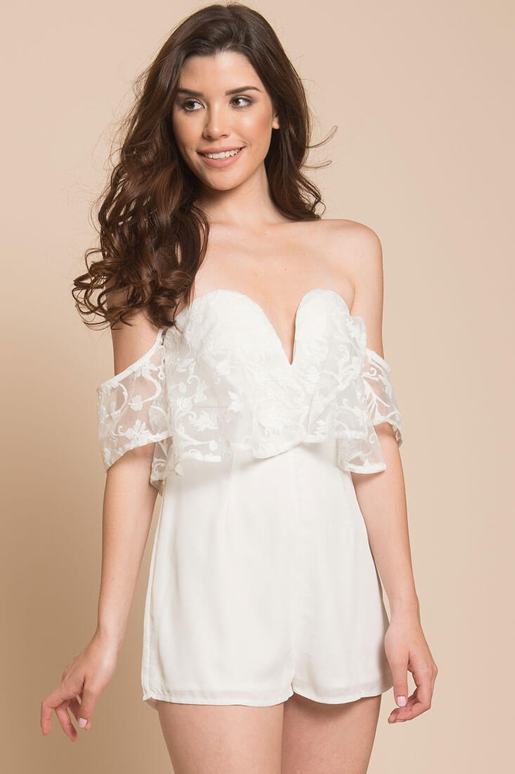Adeline Lace Open Back Club Party Romper White by Selfie Leslie