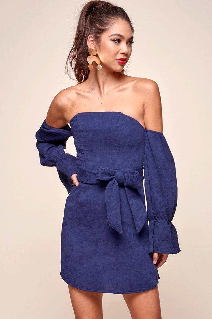 Veronica Off the Shoulder Bell Sleeve Dress Navy by Selfie Leslie