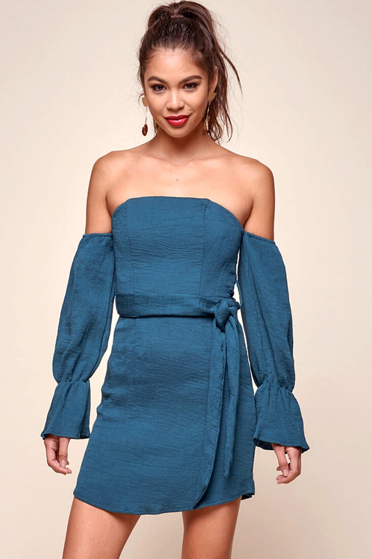 Veronica Off the Shoulder Bell Sleeve Dress Teal by Selfie Leslie
