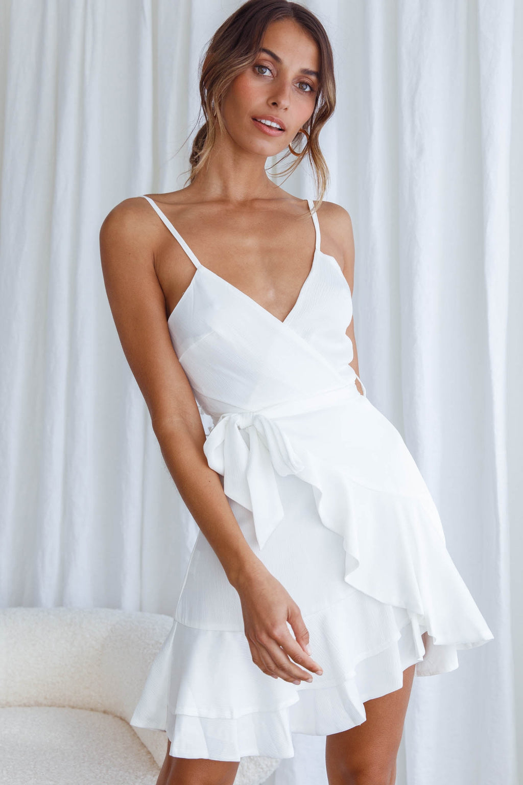 Khandi Wrap Ruffle Dress White by Selfie Leslie