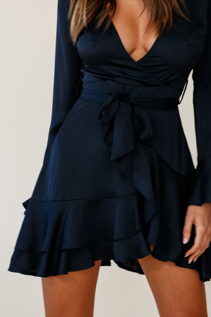 Khandi Long Sleeve Ruffle Wrap Dress Navy by Selfie Leslie