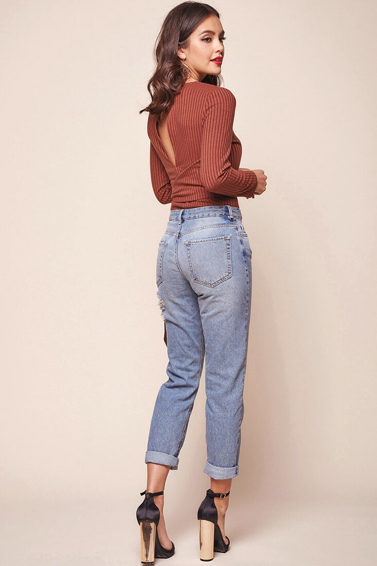 Herieth Long Sleeved Ribbed Bodysuit Chestnut by Selfie Leslie