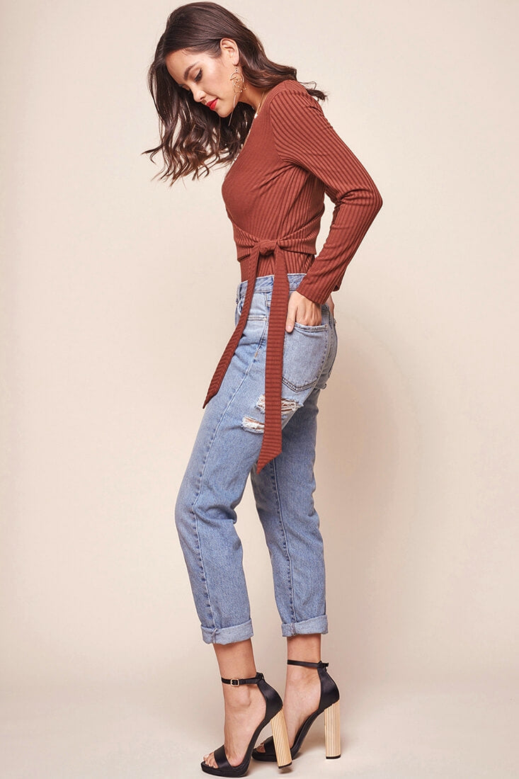 Herieth Long Sleeved Ribbed Bodysuit Chestnut by Selfie Leslie