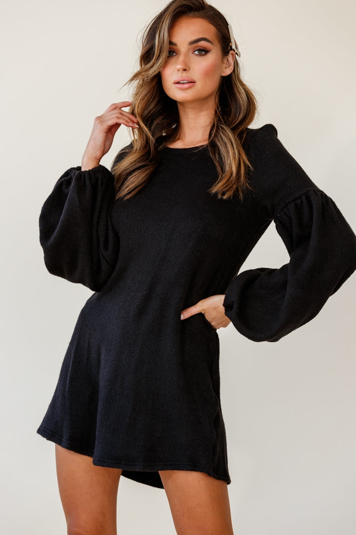 Morais Puff Sleeved Sweater Dress Black by Selfie Leslie