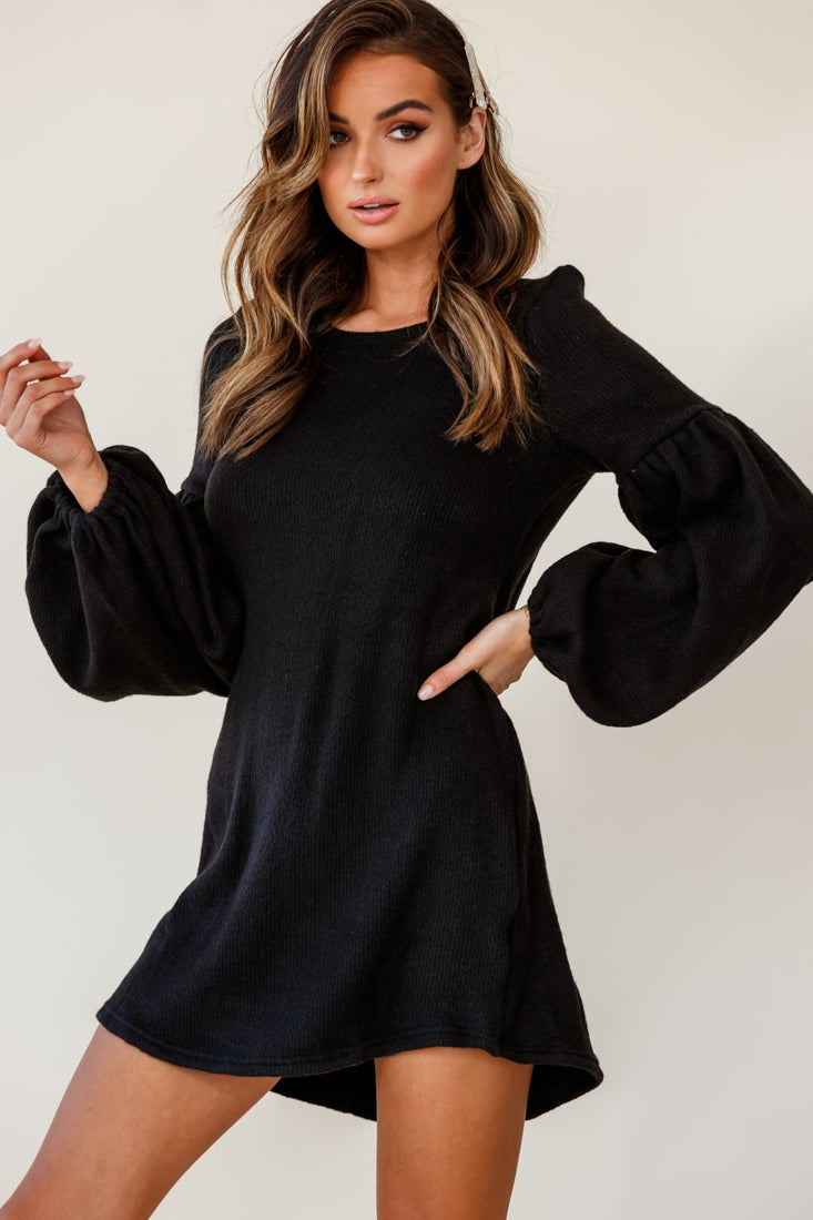 Morais Puff Sleeved Sweater Dress Black by Selfie Leslie