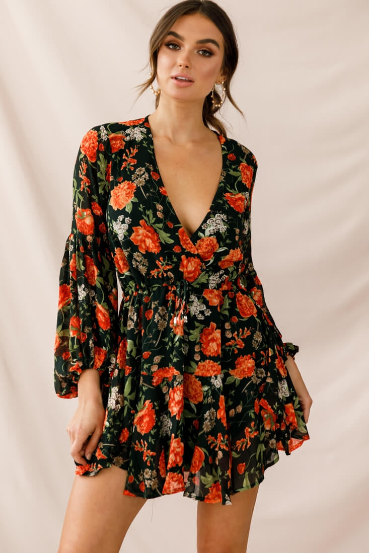 Annalise Long Sleeve Drawstring Dress Green/Orange by Selfie Leslie