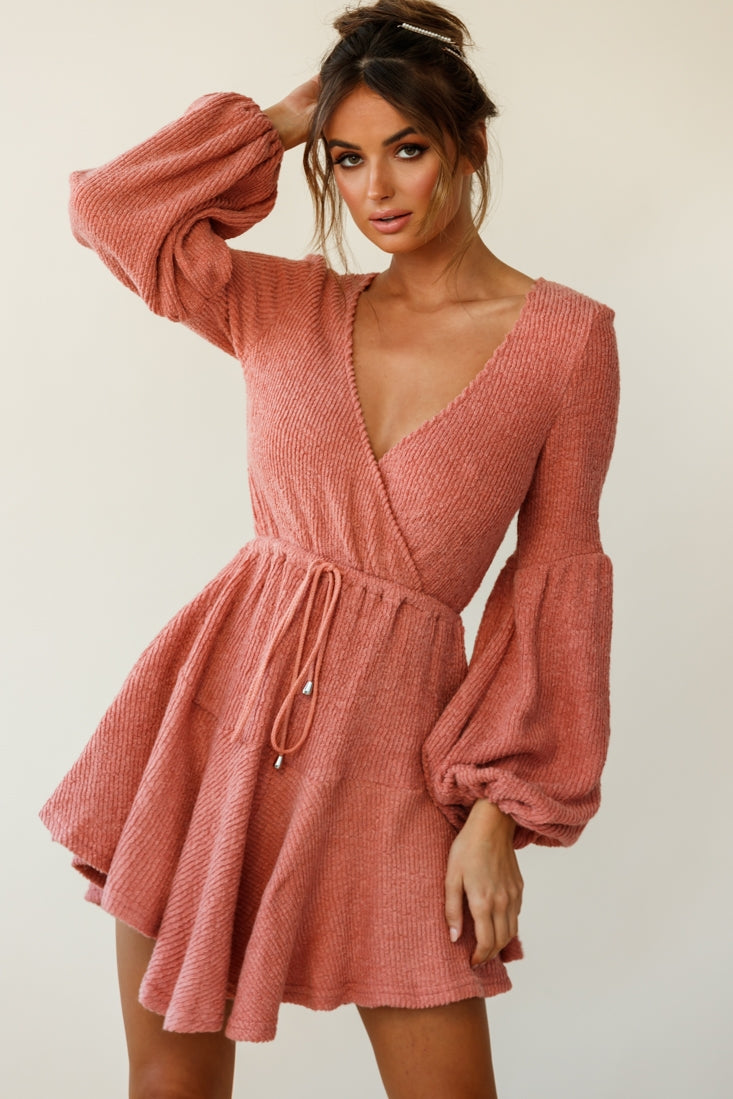 Annalise Long Sleeve Drawstring Knit Dress Rose by Selfie Leslie