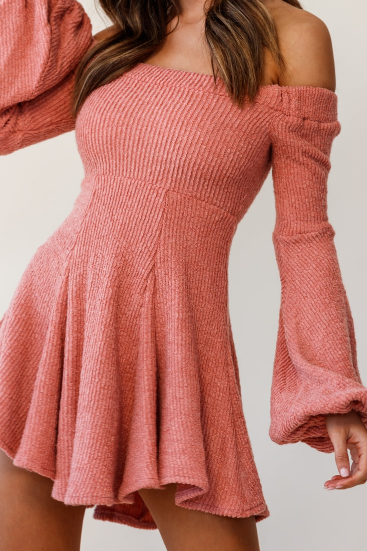 Morais Puff Sleeve Off Shoulder Fit and Flare Sweater Dress Rose by Selfie Leslie