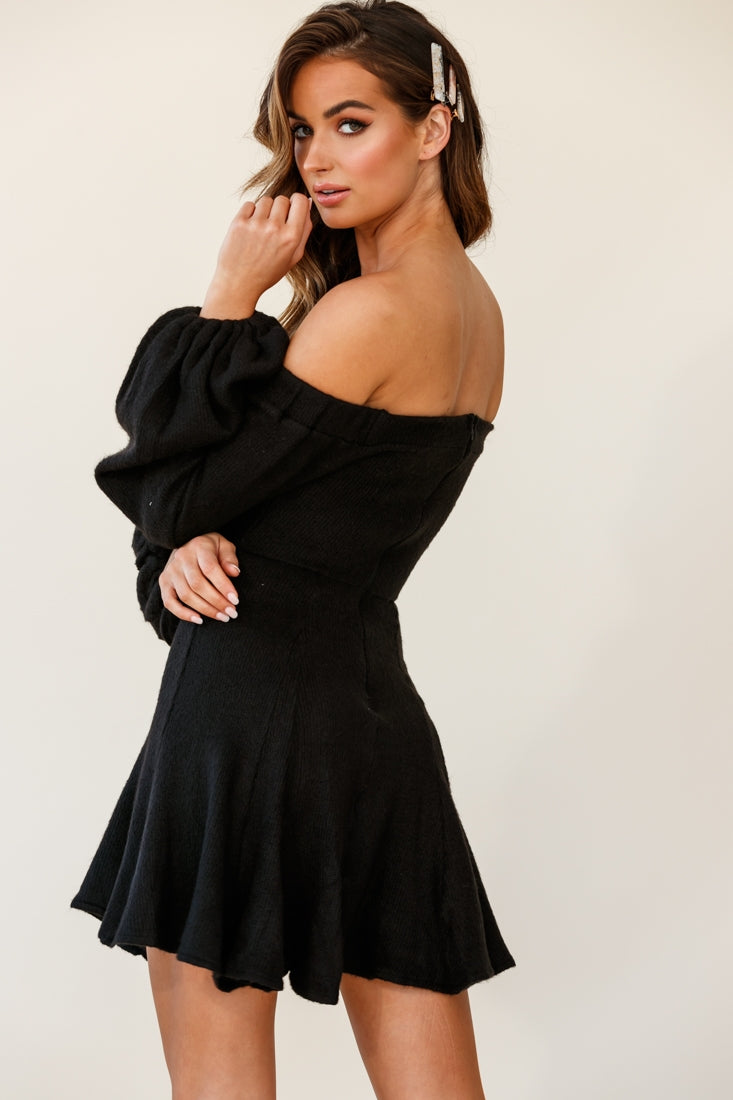 Morais Puff Sleeve Off the Shoulder Fit and Flare Sweater Dress Black  Selfie Leslie