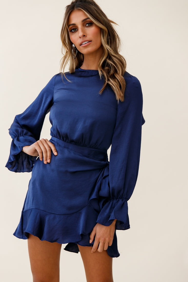 Darla Long Sleeve Satin Dress Navy by Selfie Leslie