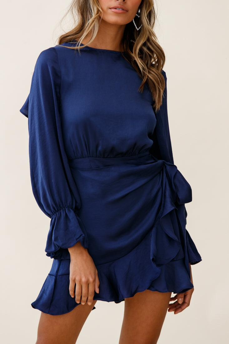 Darla Long Sleeve Satin Dress Navy by Selfie Leslie